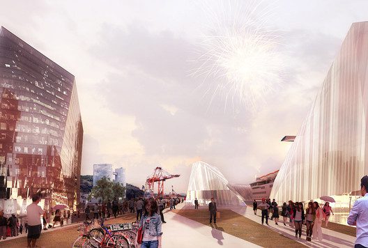 7 public plaza at dusk