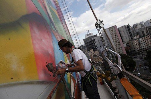 brazilian graffiti artist kobra puts the final touches to his piece of art in tribute to brazilian architect niemeyer at the financial center in sao paulo