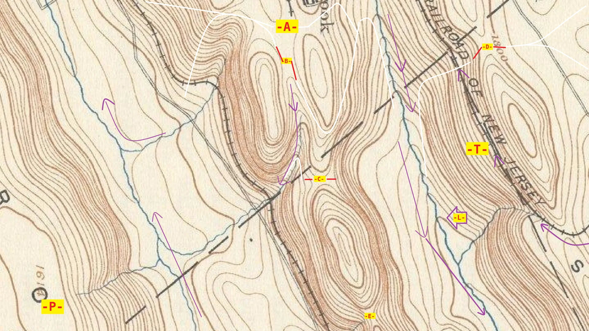 Detail of a US topographic map with dense brown contour lines, streams and labelled survey points