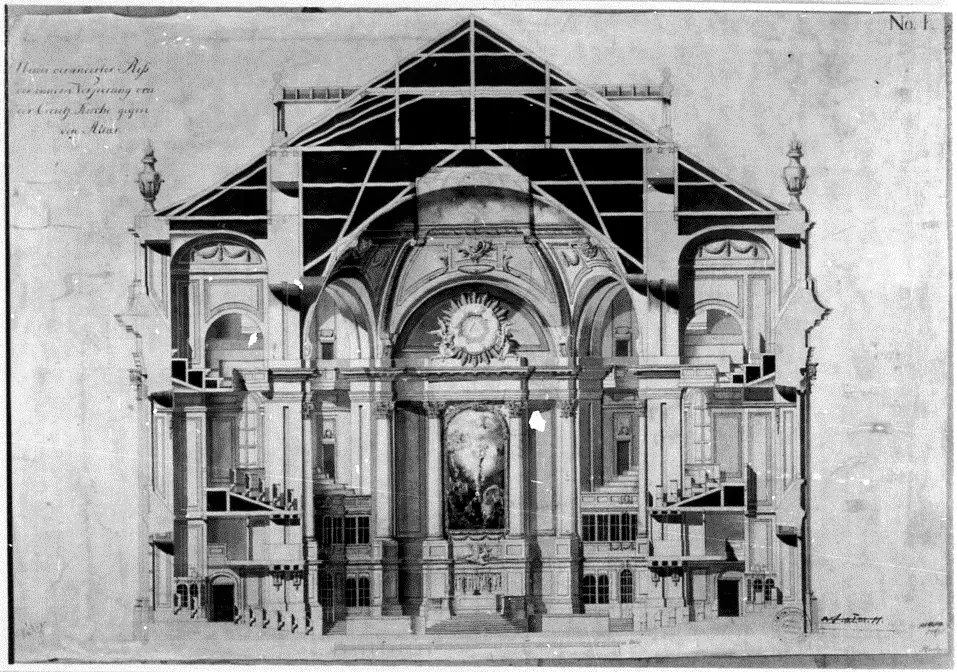 Historic cross-section drawing of a church with the cut walls and roof structure drawn in solid dark tone