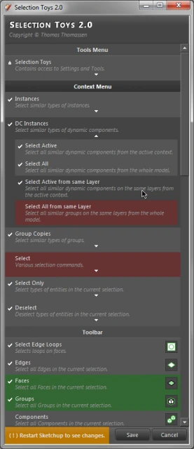 Selection Toys configuration panel with selection commands and toolbar options
