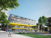 2. An old parking garage is re used for the base while the top is new high tech and fully demountable