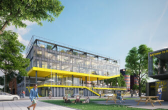 2. An old parking garage is re used for the base while the top is new high tech and fully demountable