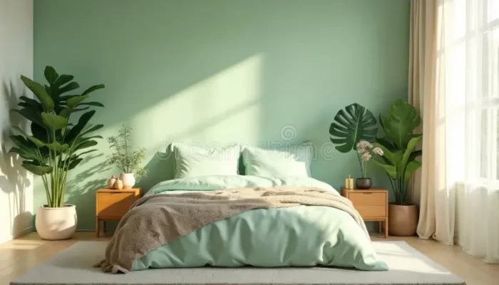 bright airy bedroom pastel green wall creating tranquil ambiance frontal shot interior bed plants natural light zen space 385034513