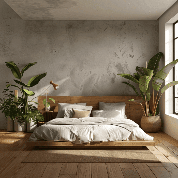 An inviting minimalist bedroom that highlights the ability of indoor plants to soften the minimalist aesthetic and create a more welcoming and nurturing environment