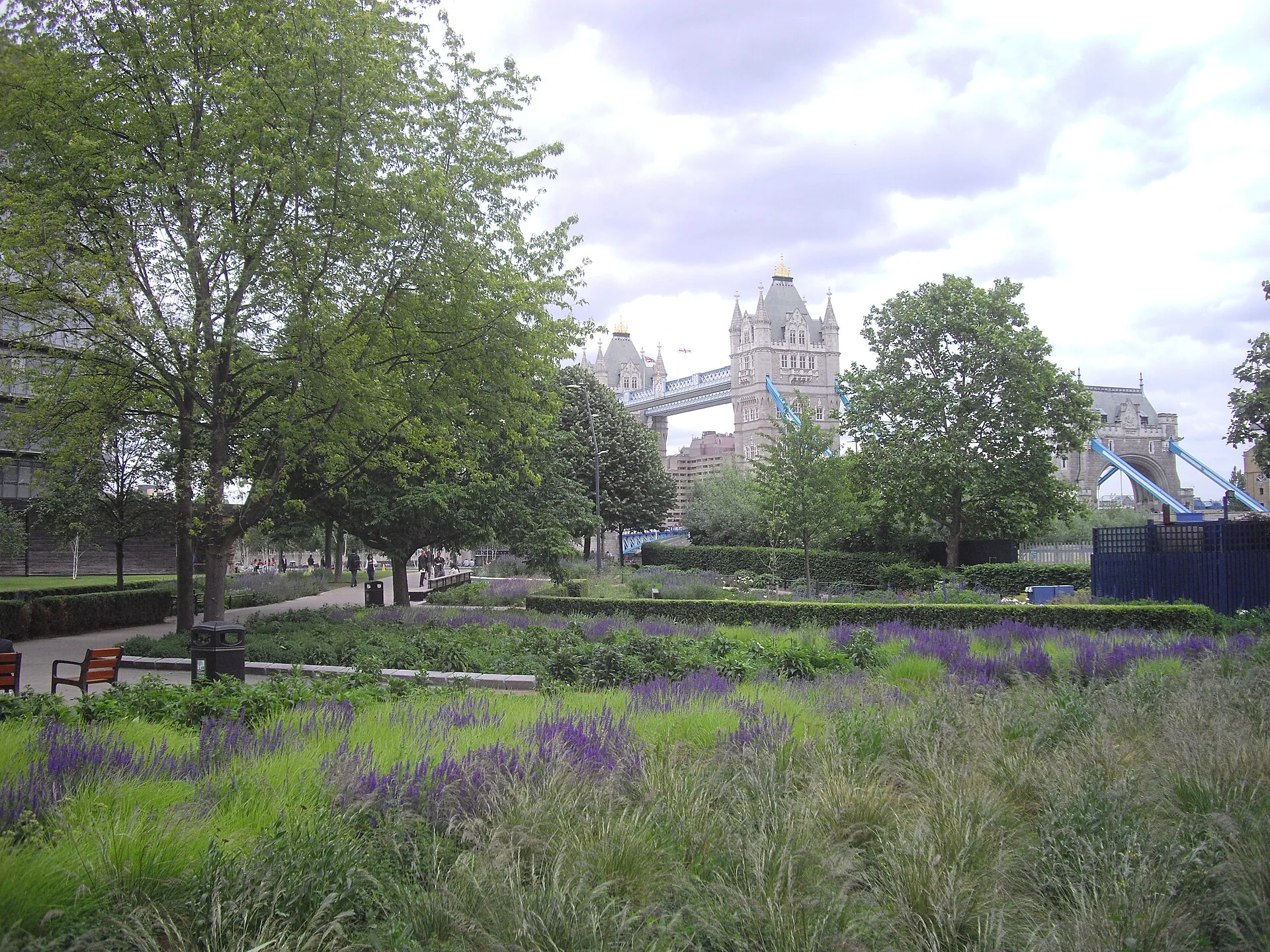 Potters Fields Park planting and paths with Tower Bridge behind, the London site used in this site analysis example