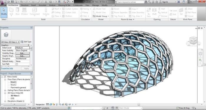 Rhino 3D used to model complex freeform architectural geometry, where NURBS surfaces hold full mathematical precision across curved facades and non-standard building forms.