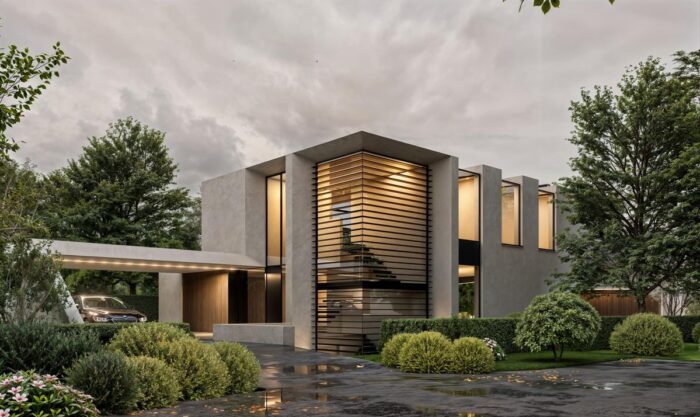 Real-time architectural rendering produced with Enscape and Lumion, showing the lighting, materials and entourage that turn a working 3D model into a client-ready presentation image.