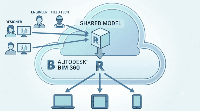 Revit BIM coordination workflow, where architectural, structural and MEP models from separate consultants are federated into a single shared model for clash detection.