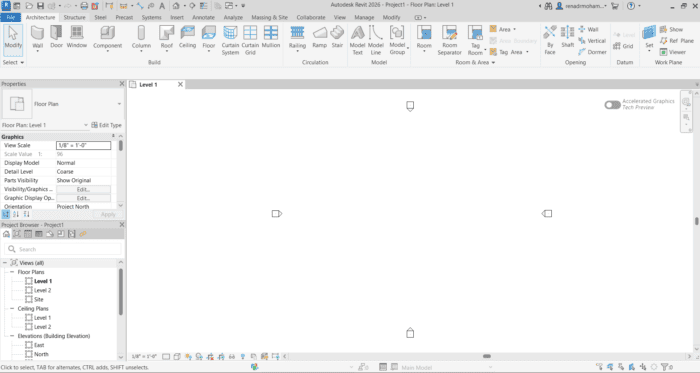Autodesk Revit interface in 2026, showing a 3D BIM model alongside its automatically generated plan, section and elevation views — the core BIM workflow used for architectural documentation.
