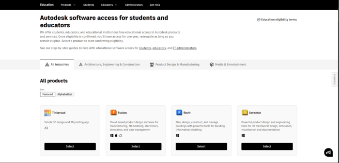 The Autodesk Education website, where architecture students can claim free licences for Revit, AutoCAD and 3ds Max for the duration of their enrolment.