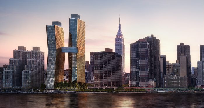 The three-storey glass skybridge linking SHoP Architects' American Copper Buildings in Manhattan