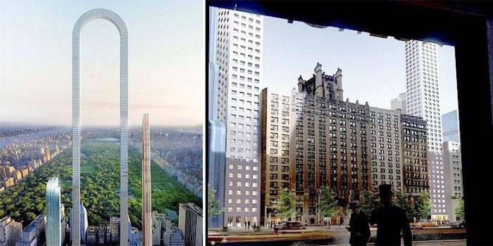 Oiio Studio's Big Bend concept, a slender U-shaped skyscraper curving over Manhattan