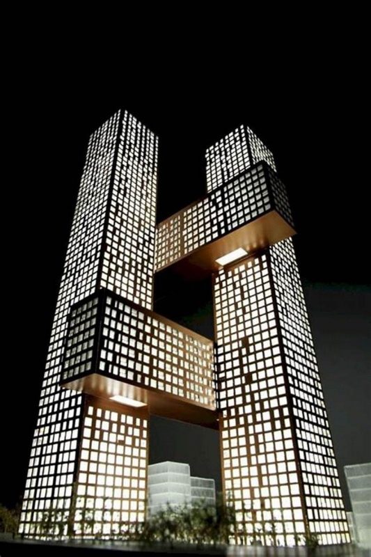 BIG's Cross # Towers for Seoul, two towers interlocked by horizontal bridge volumes