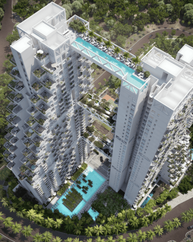 Sky Habitat in Bishan, Singapore, with three sky bridges linking two stepped residential towers