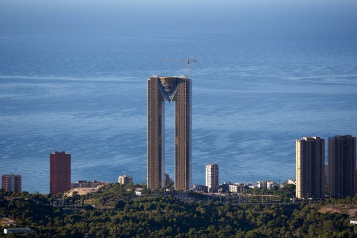 The InTempo skyscraper in Benidorm, its twin towers joined at the top by an inverted cone