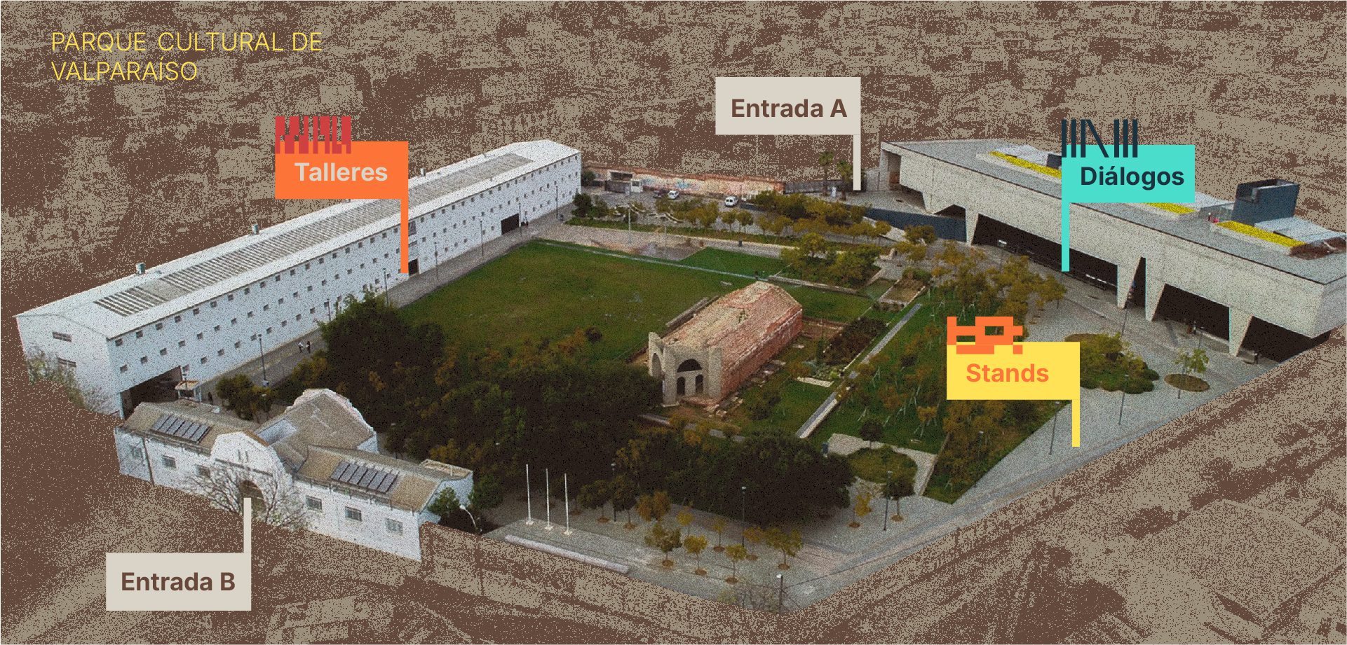 Aerial view of Valparaiso Cultural Park grounds and the harbor beyond the hills