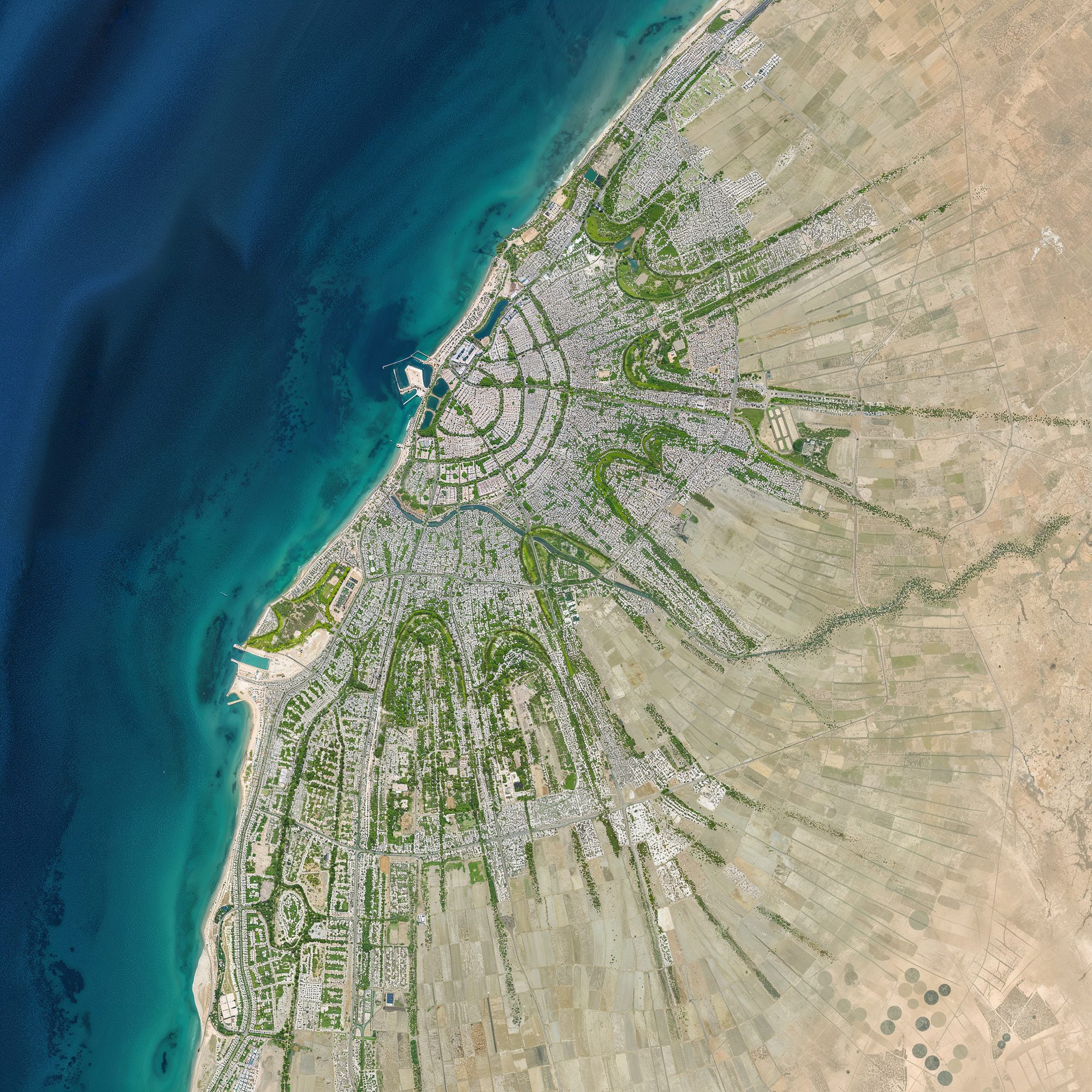 Aerial perspective of Benghazi Old Town along the Mediterranean coast