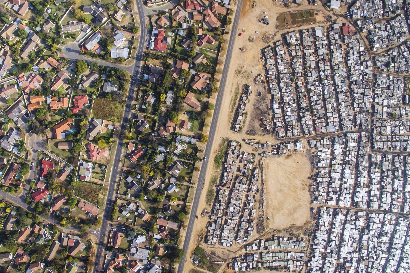 Aerial view of the Kya Sands settlement showing dense informal housing in Johannesburg