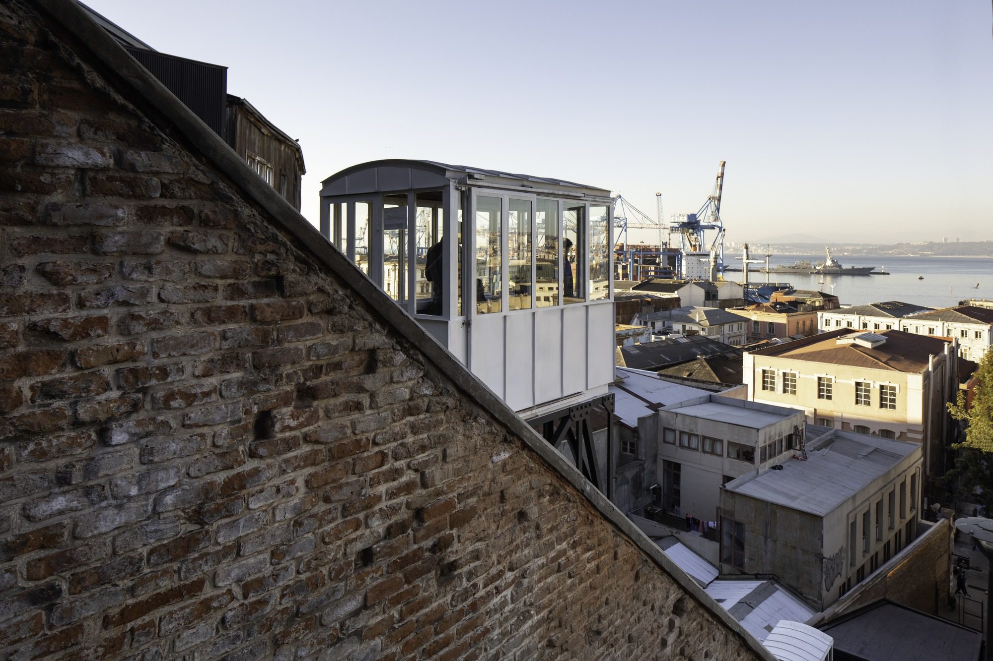 Restored funicular ascensores of Valparaiso climbing the steep coastal hills of the city