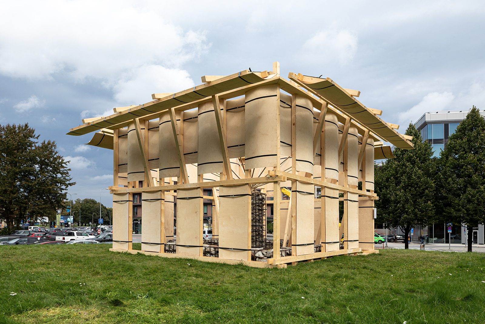 Detail of the Resonance pavilion showing rope tension and central limestone core