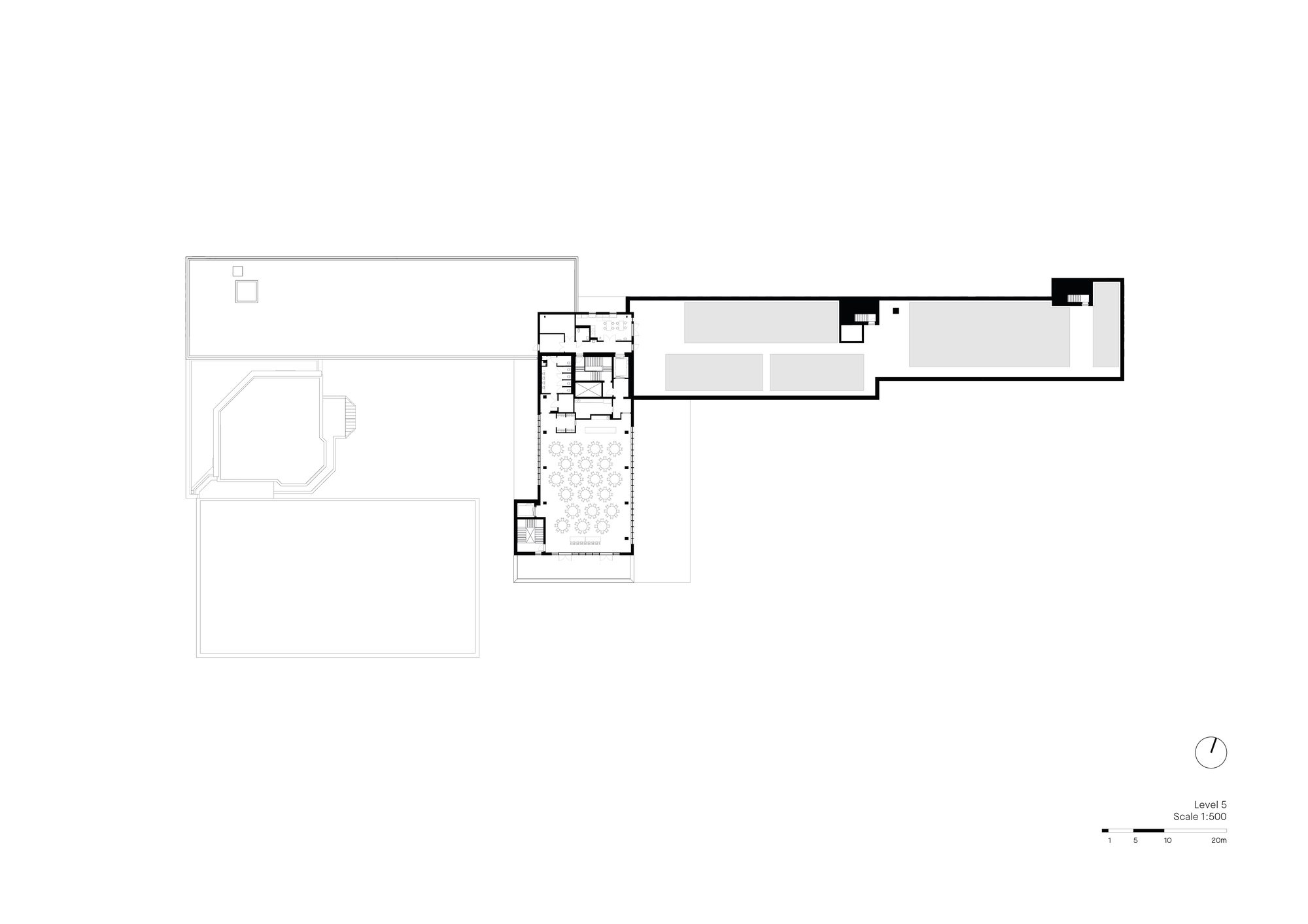 Facade grid of shifting windows across the west residence volume
