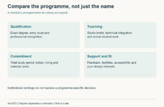 Architecture-school comparison criteria: qualification, teaching, commitment and support.