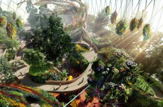 Exterior view of the shell-inspired Eden Project Morecambe attraction on the seafront