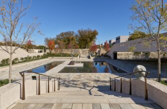 Dry-stacked stone walls and sculptures in the redesigned Hirshhorn Sculpture Garden in Washington, D.C.