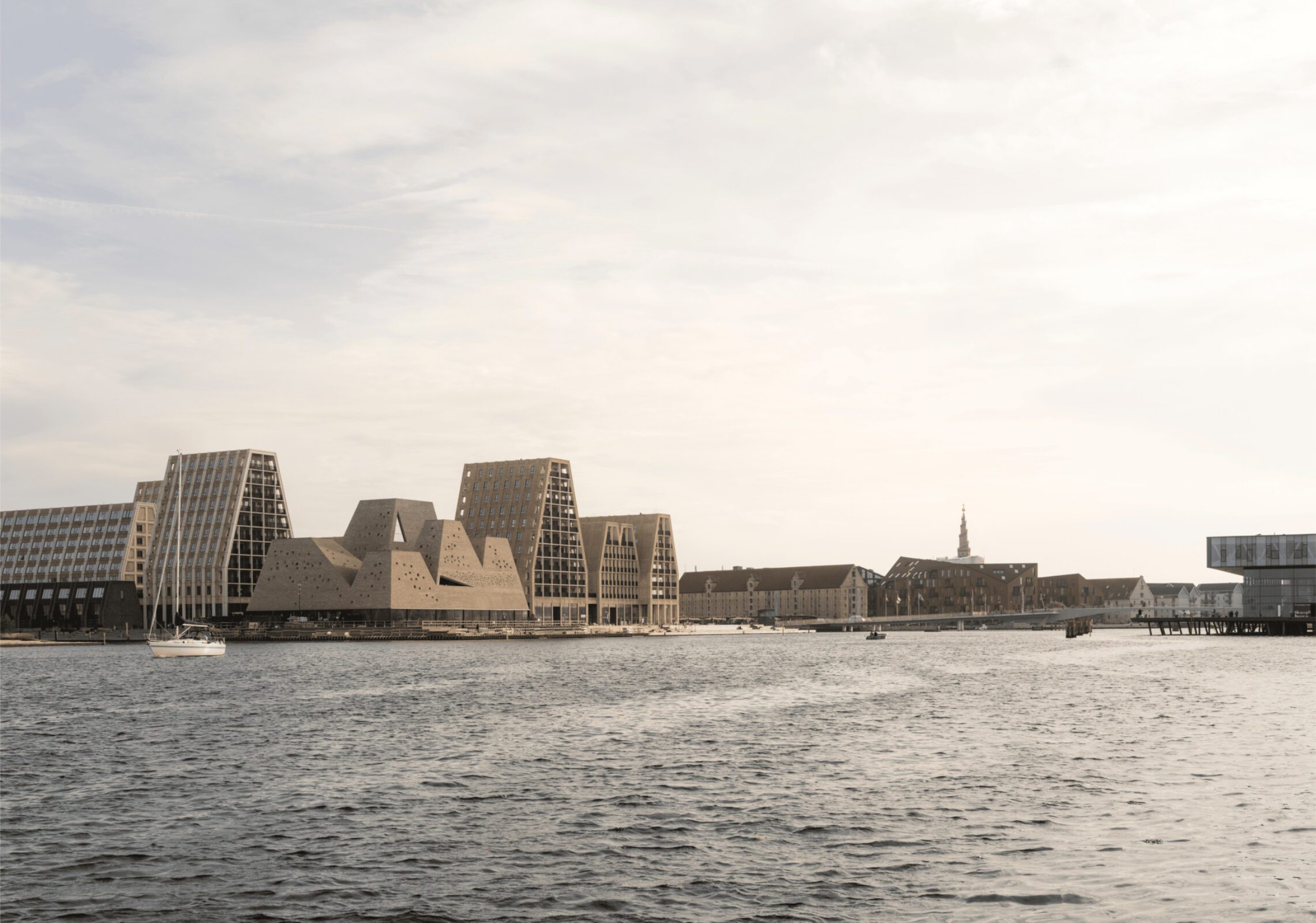 KAI Water Culture House with brick towers above a glazed base on Paper Island, Copenhagen