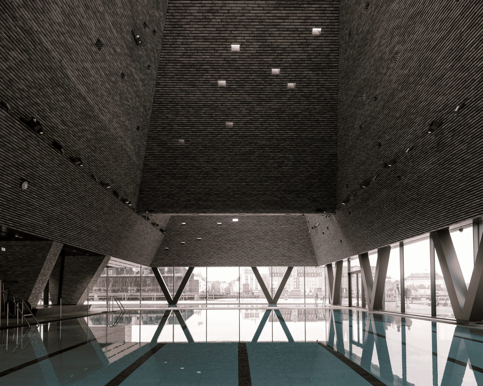 Outdoor Valley Pool set between the brick towers on the first floor