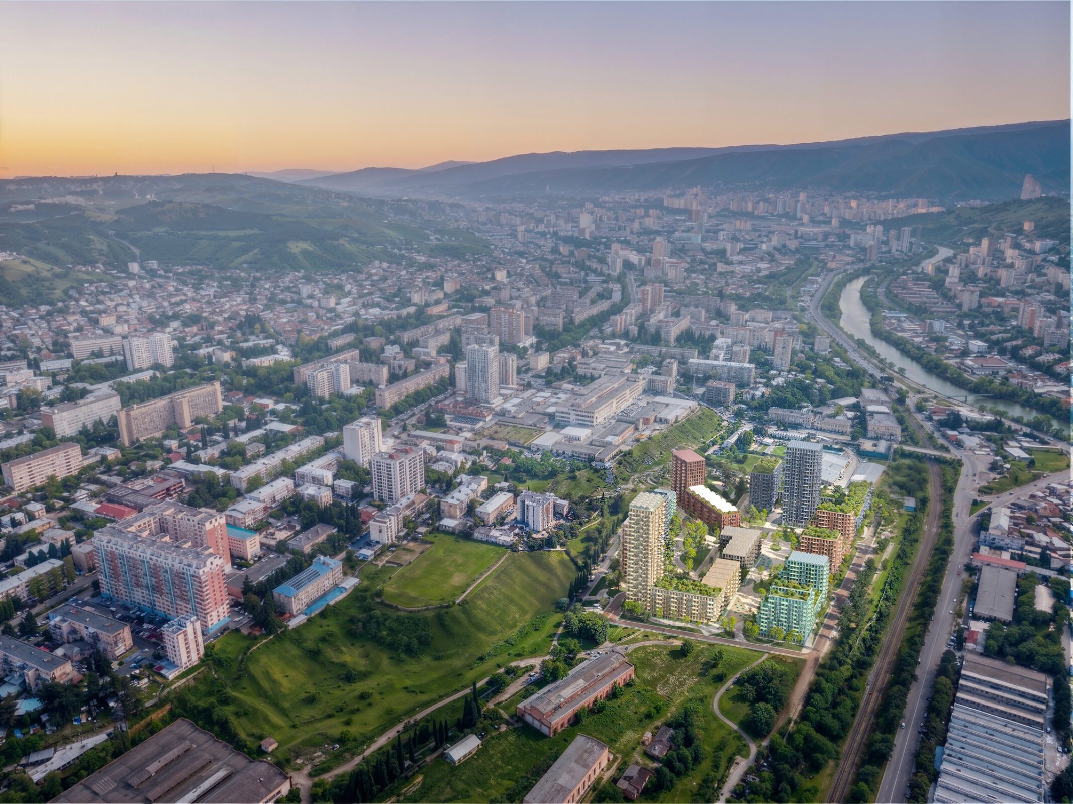 Rendering of Loco Park buildings surrounded by tree-lined pedestrian paths and shared gardens