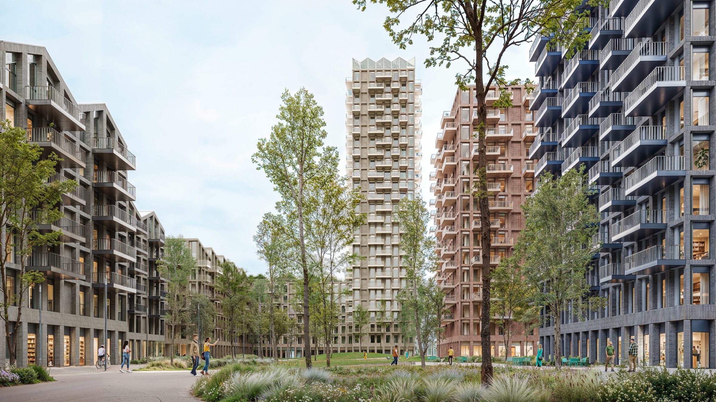 Masterplan view of Loco Park's nine buildings arranged around a linear boulevard and parks