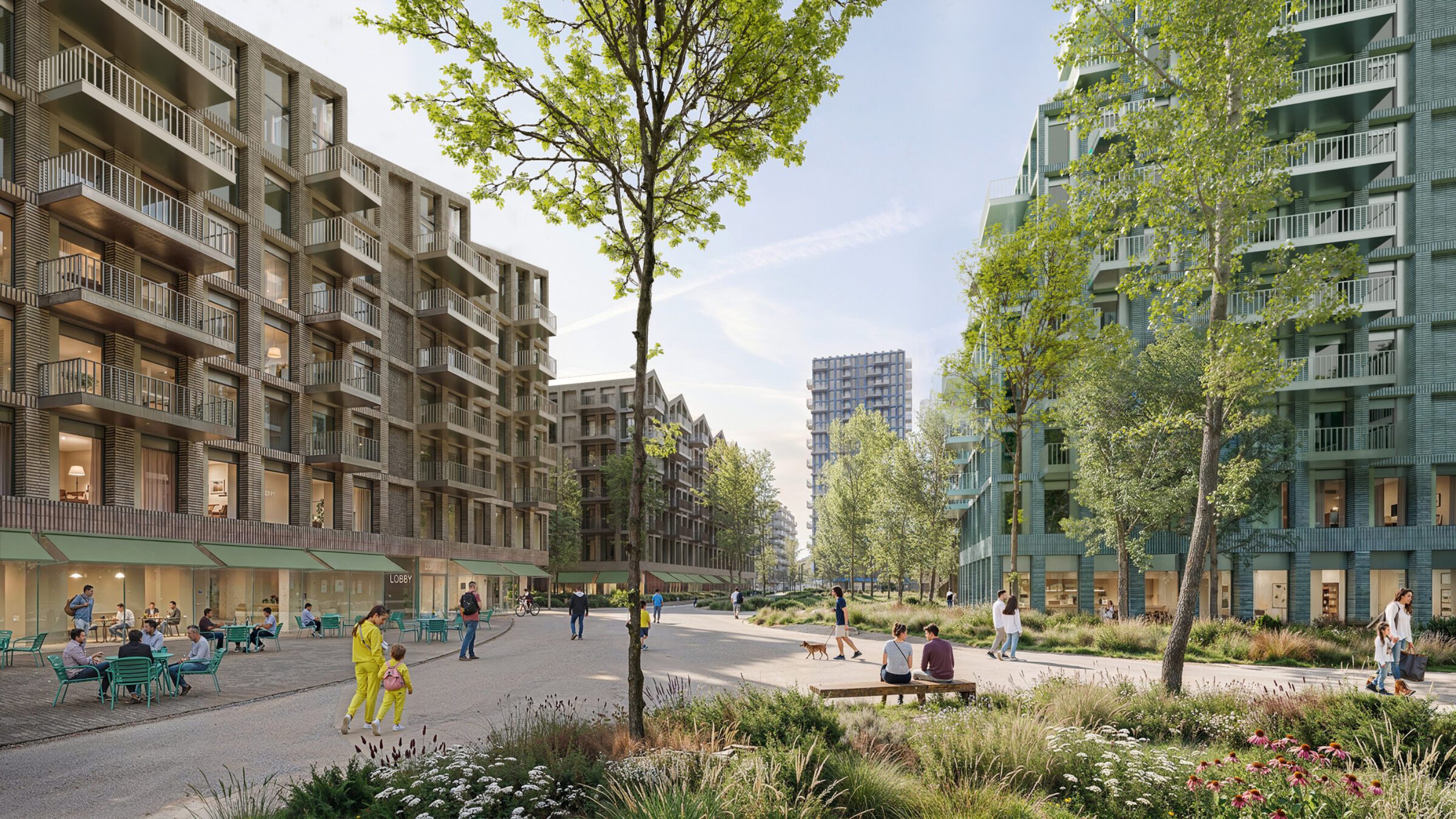 Rendering of Loco Park public space with greenery between brick residential buildings