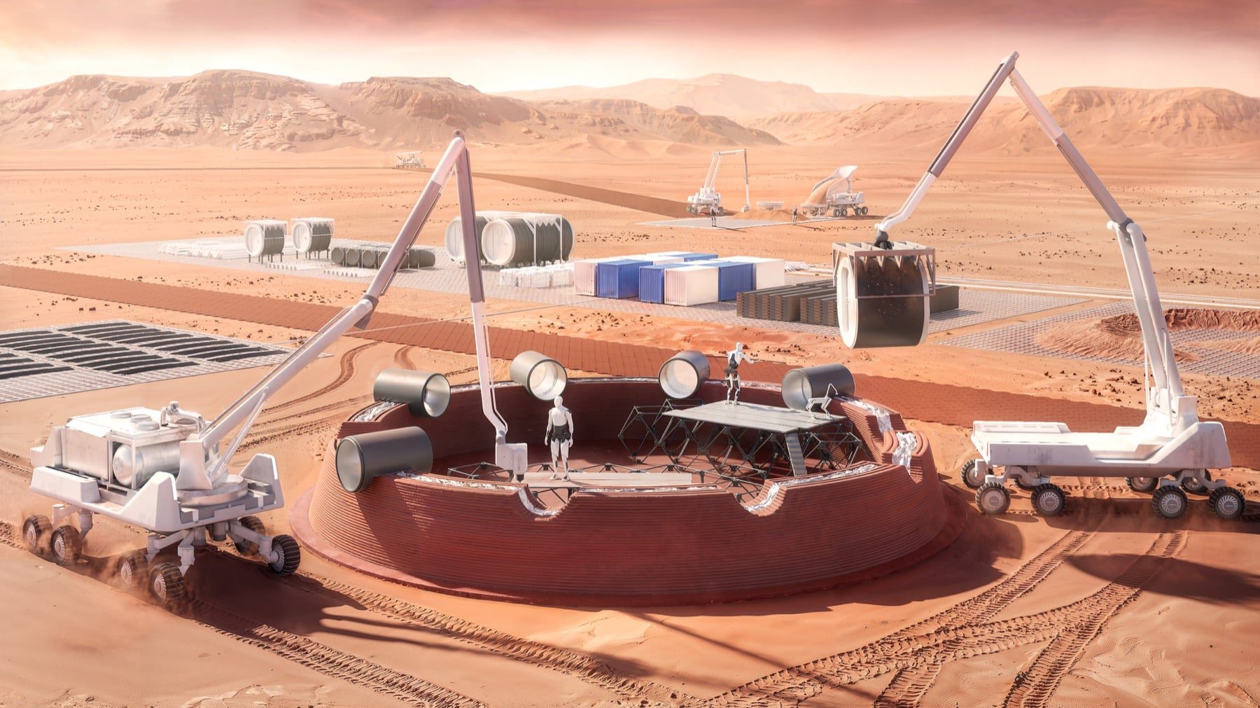 Rendered interior of the proposed Mars habitat with natural light and large windows