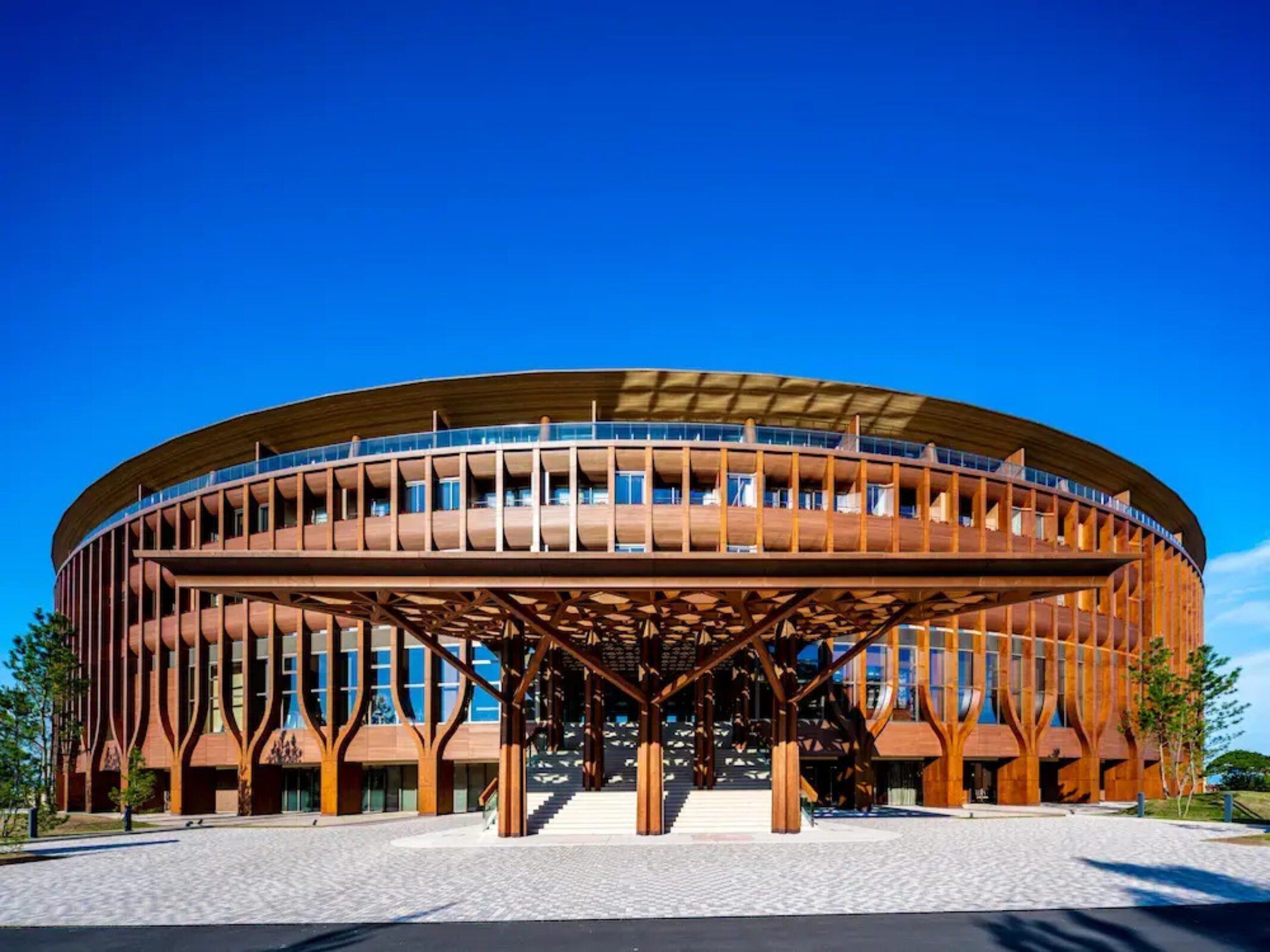 Seafront exterior of the Pasona Natureverse retreat on Awaji Island after its opening