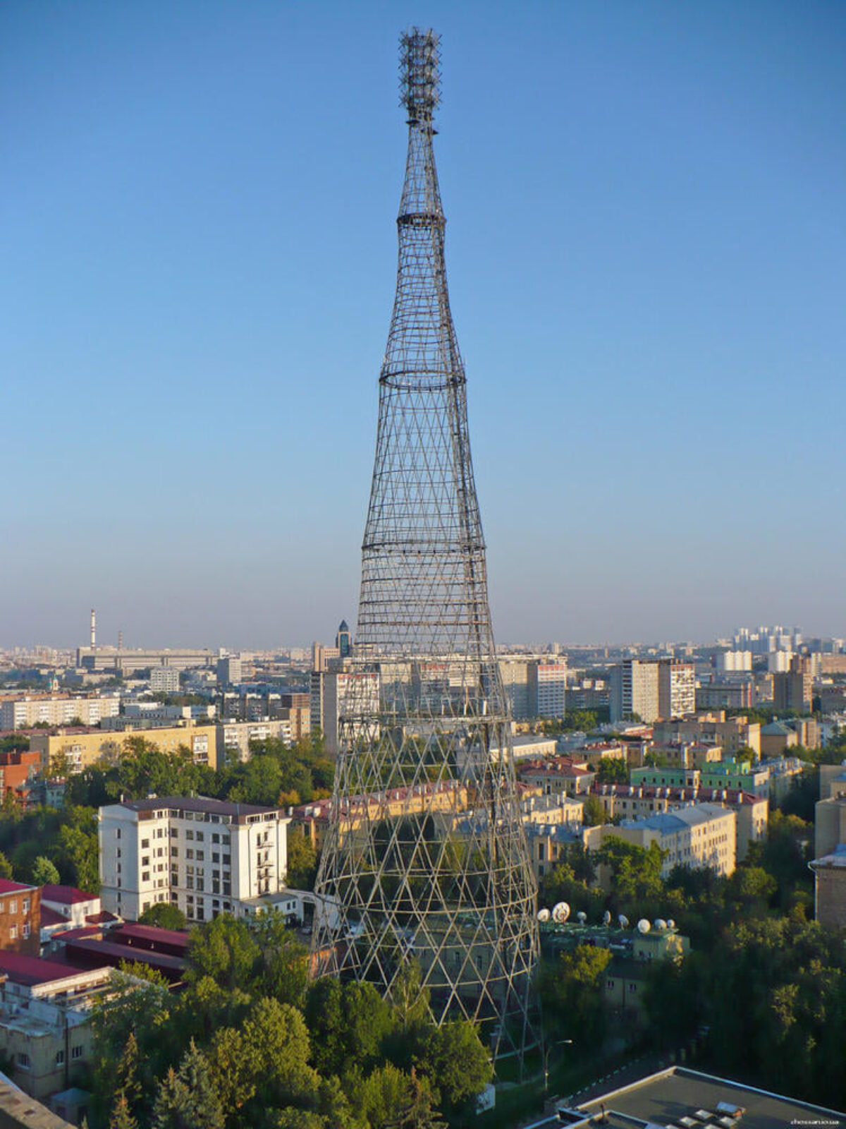 Steel lattice structure of the Shukhov Tower rising above Moscow